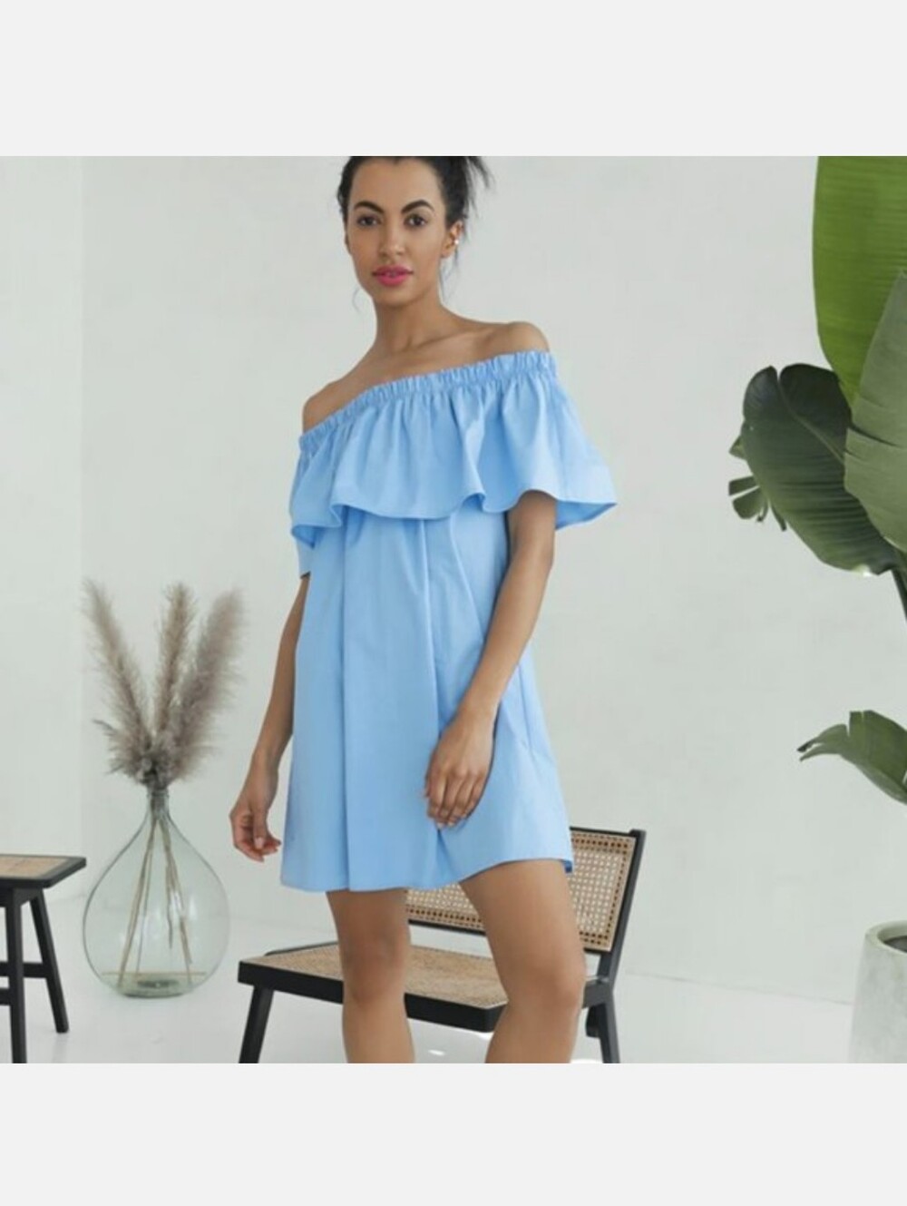 Monica Nera Carmen Off-Shoulder Light Blue Poplin Mini Dress